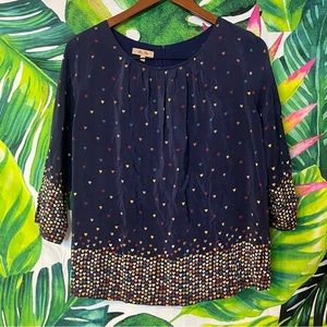 Boutique Bel Air M 100% Silk Blue Multicolor Heart Casual Dressy Maximalist Top